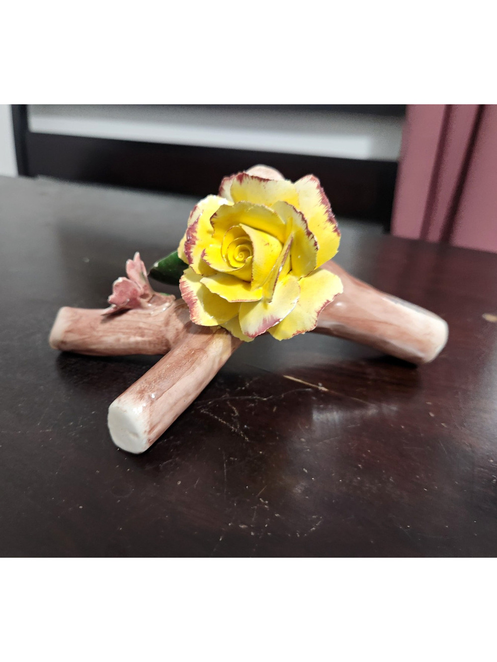 Capodimonte Porcelain Hand Painted Yellow Rose Floral Branch Figurine